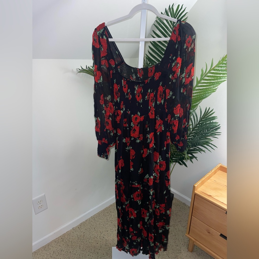 Rixo black red floral Yas long sleeve midi square neck dress size L or 10 - Picture 8 of 8